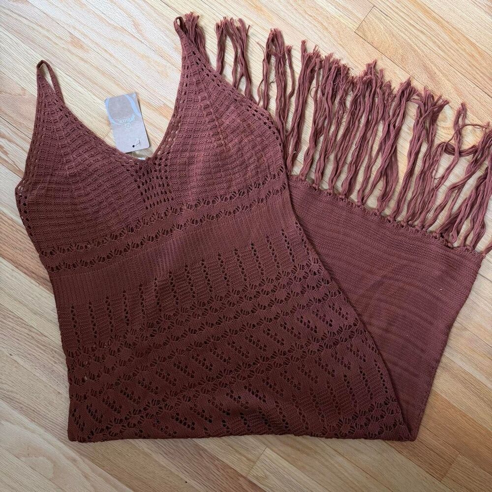 Berlook Crochet Fringe Cover-Up Maxi Dress Cover Up Brown Small NWT